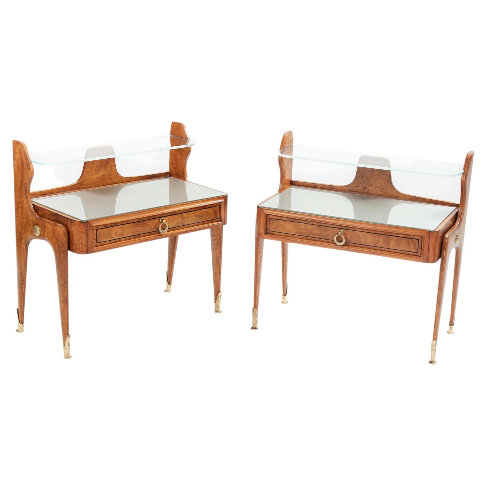 Pair Of Italian Mid Century Light Footed Bed Side Tables Elm Glass Brass 1950s