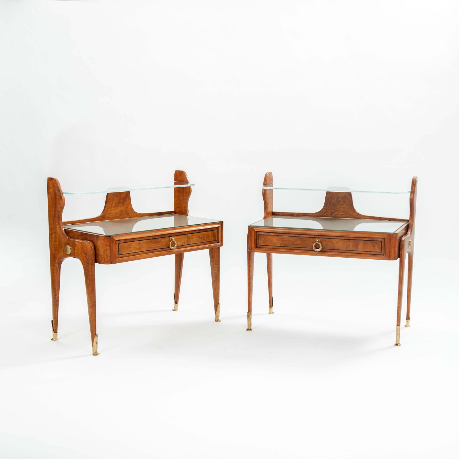 Pair Of Italian Mid Century Light Footed Bed Side Tables Elm Glass Brass 1950s photo furniture