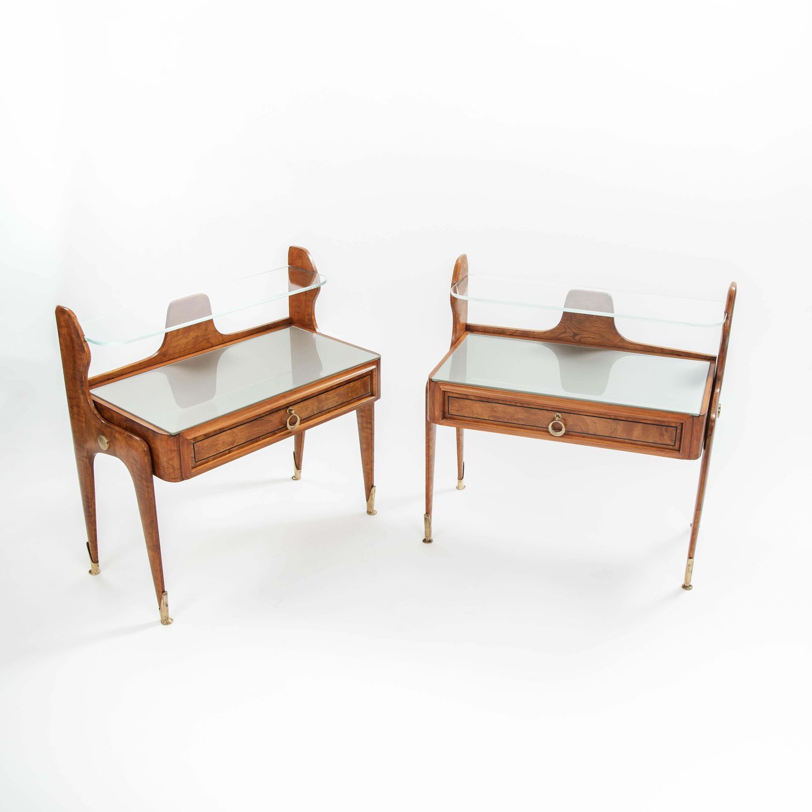 Pair Of Italian Mid Century Light Footed Bed Side Tables Elm Glass Brass 1950s photo Furniture