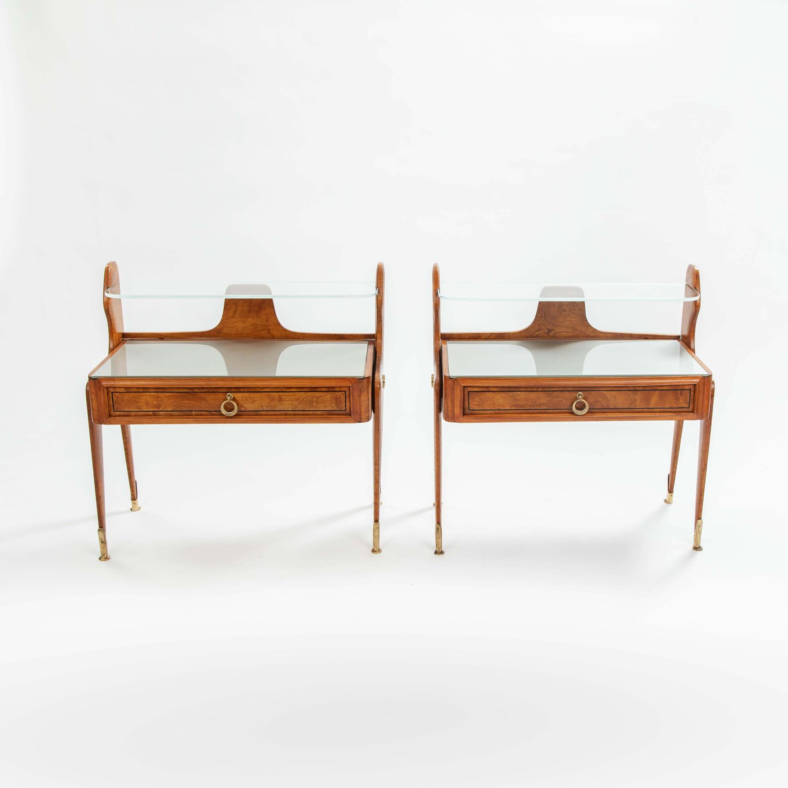 Pair Of Italian Mid Century Light Footed Bed Side Tables Elm Glass Brass 1950s photo buy