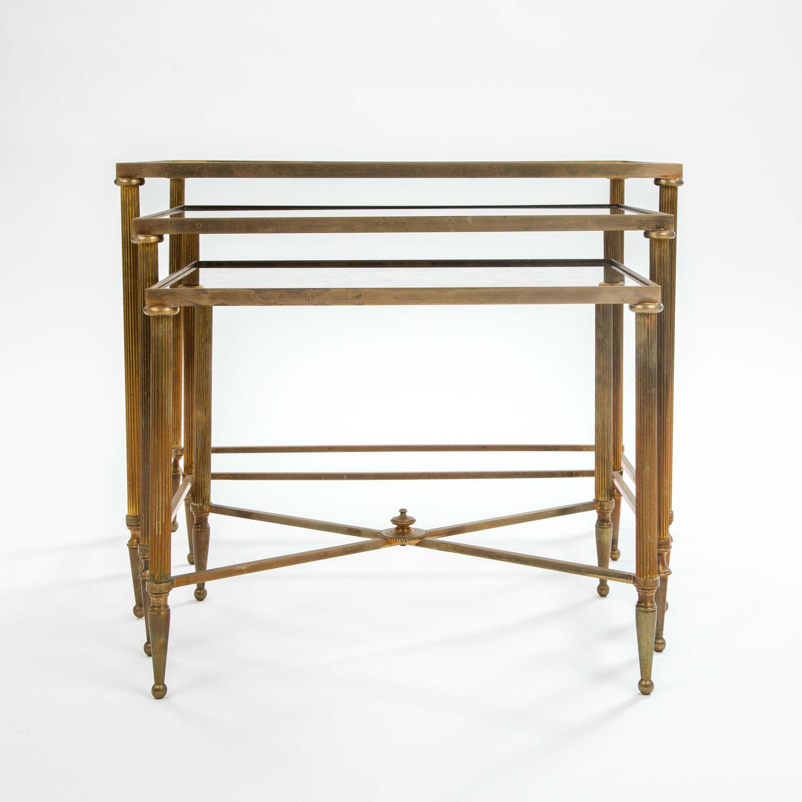 Set Of French Mid Centruy Neoclassical Brass And Mirrored Glass Nessting Tables photo buy