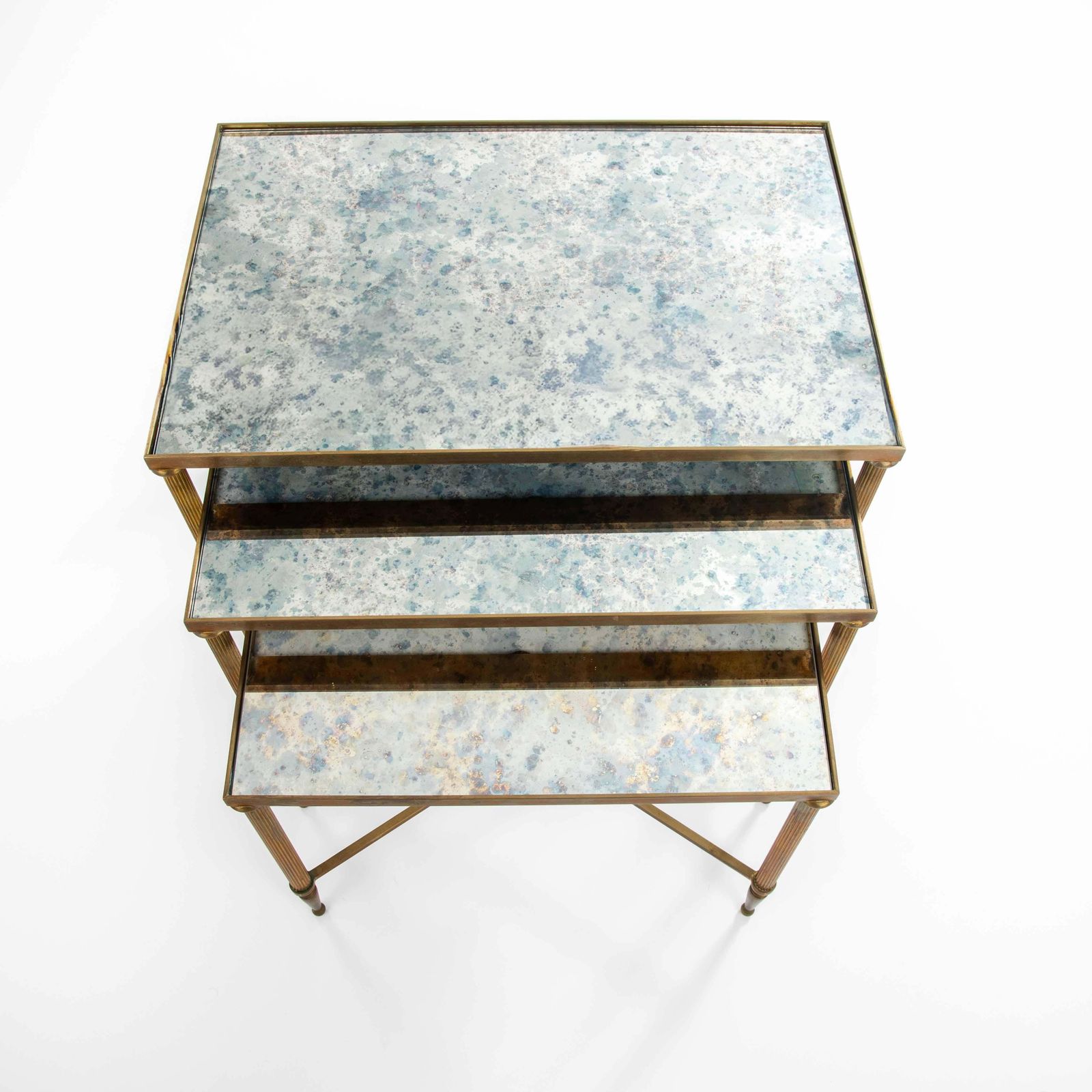 Set Of French Mid Centruy Neoclassical Brass And Mirrored Glass Nessting Tables photo vintage