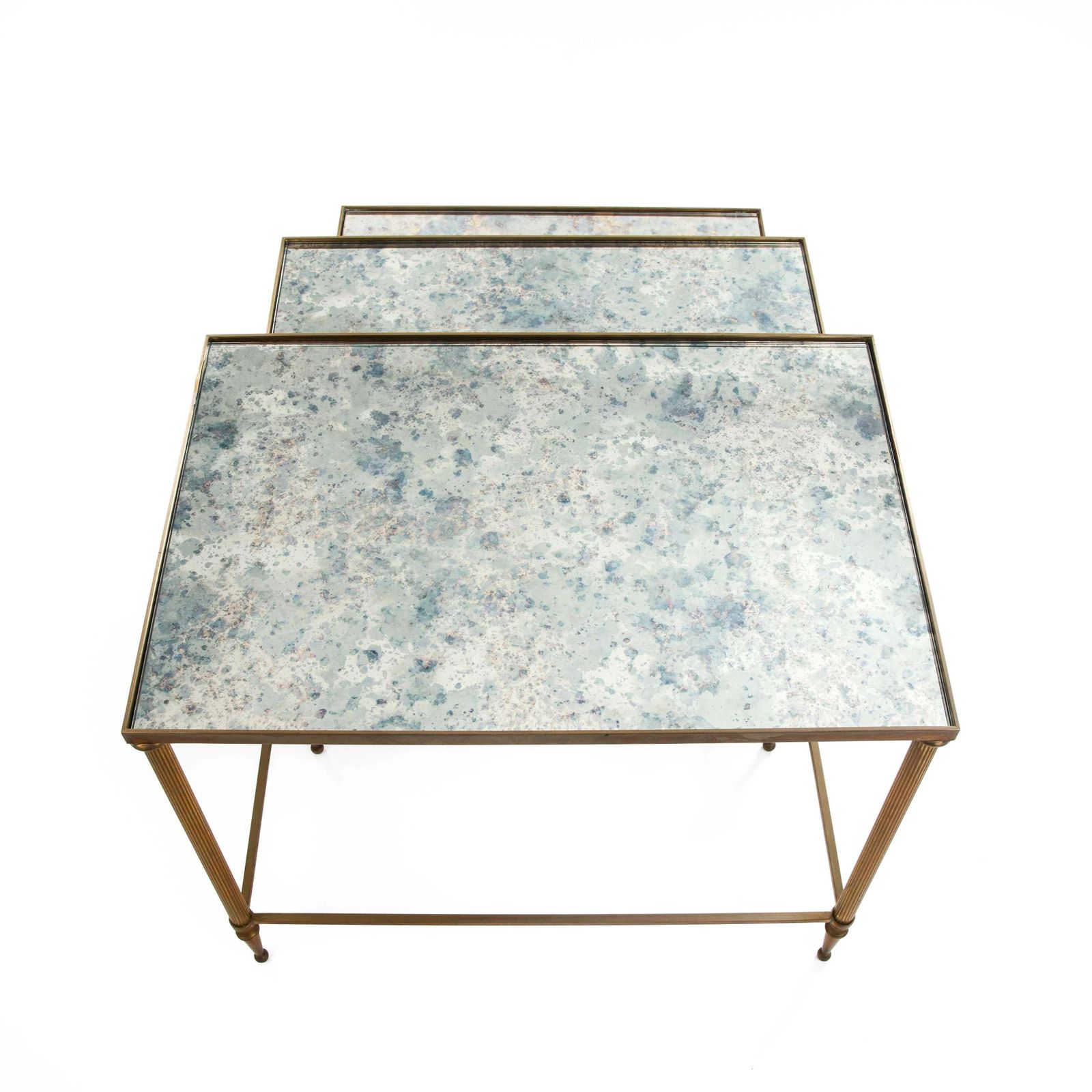 2437.0 Set Of French Mid Centruy Neoclassical Brass And Mirrored Glass Nessting Tables photo