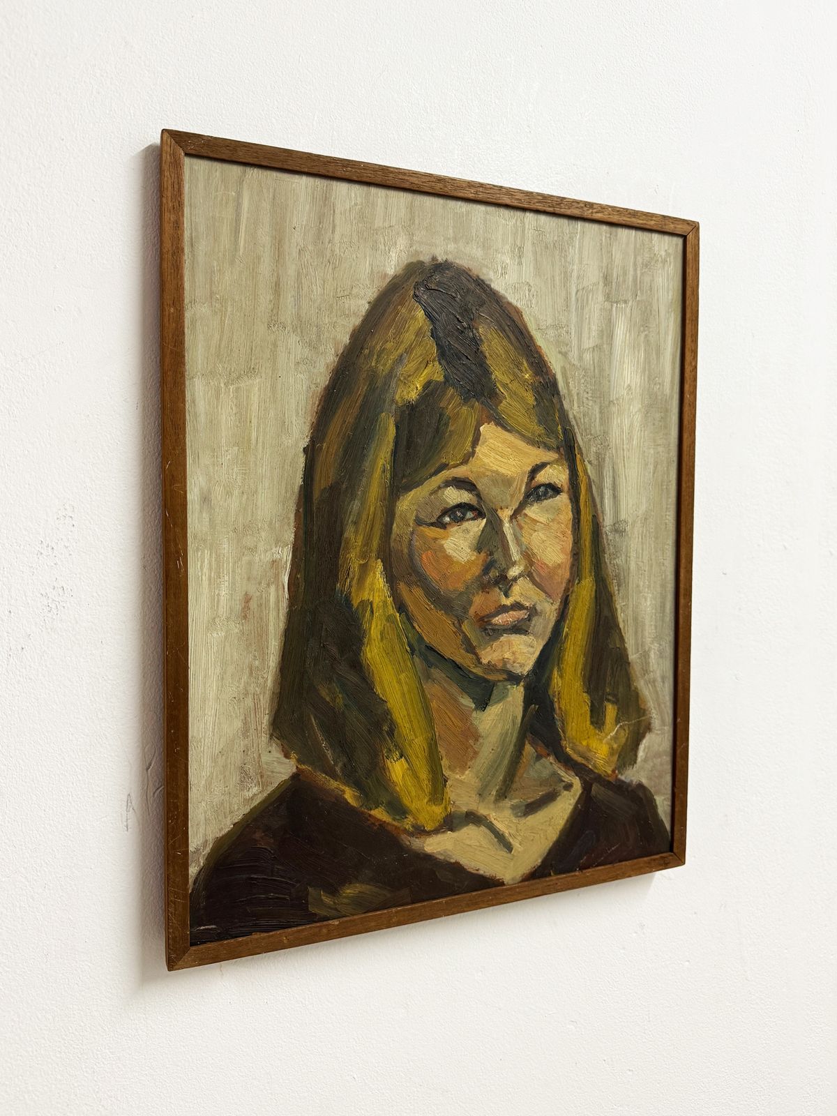 Mid Century Modernist Female Portrait Oil Painting photo furniture