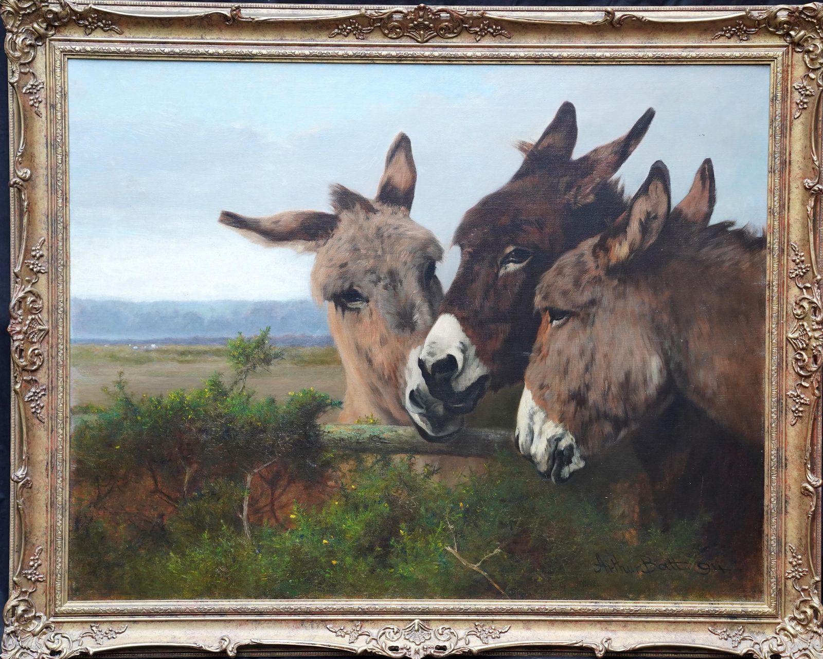 Portrait Of Donkeys In A Landscape   British Victorian Art Animal Oil Painting