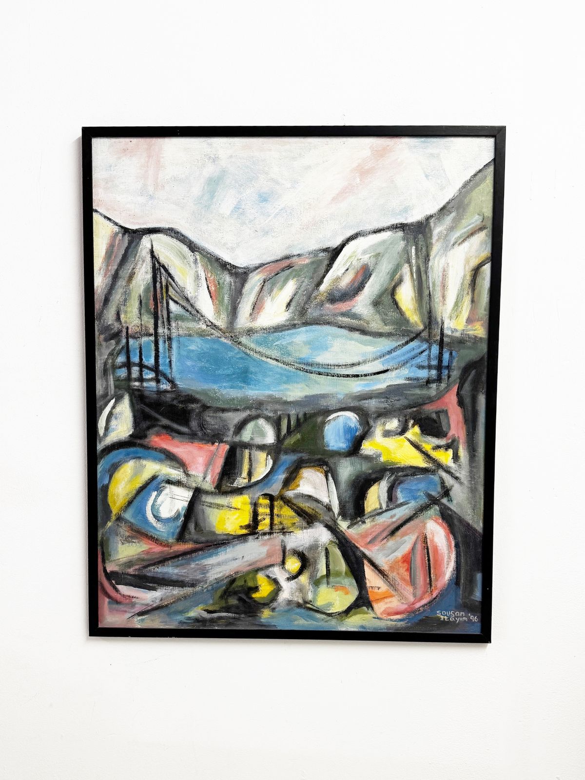 Large Signed 1996 Modernist Abstract Landscape Painting By Sousan Itayim