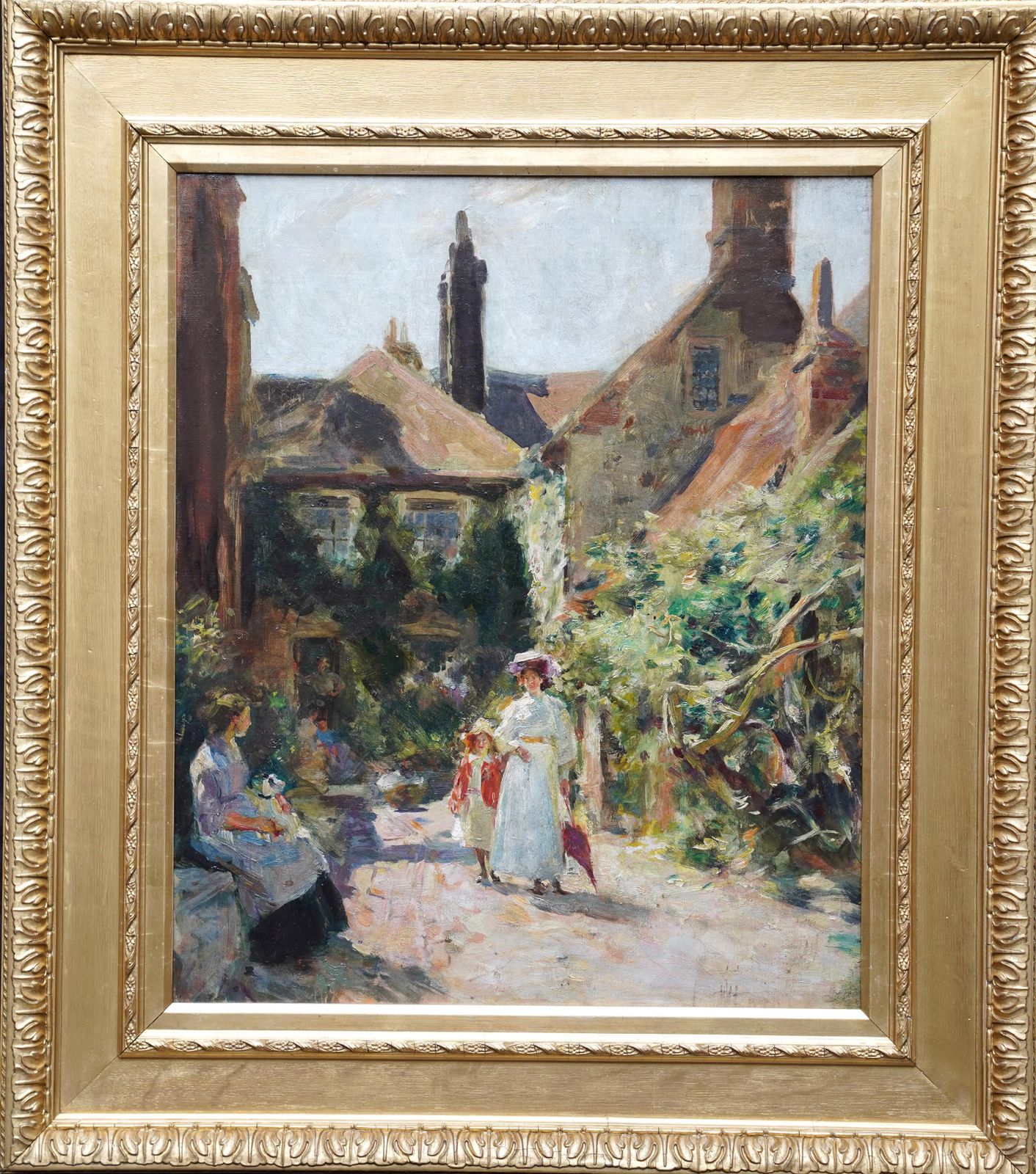 Figures Outside House   British Edwardian Impressionist Figurative Oil Painting