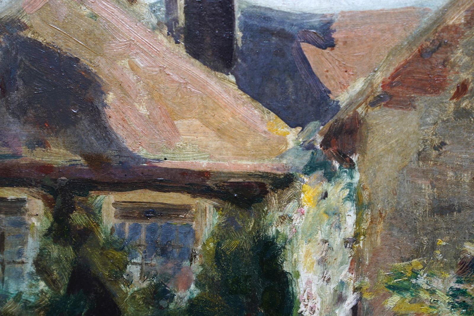 Figures Outside House   British Edwardian Impressionist Figurative Oil Painting photo vintage