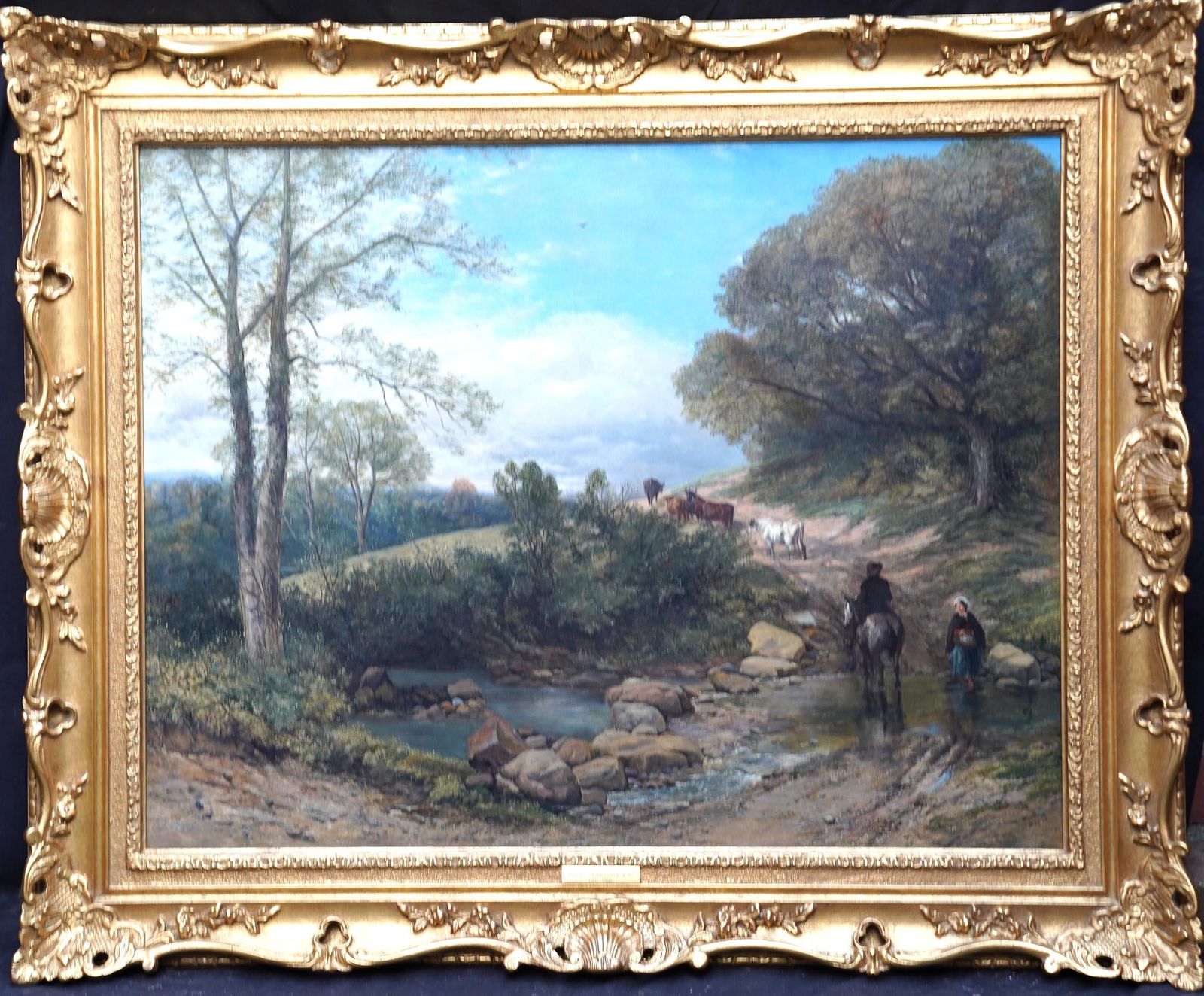 photo vintage The Ford   British Old Master Exhib. Landscape Art Oil Painting Figures Animals