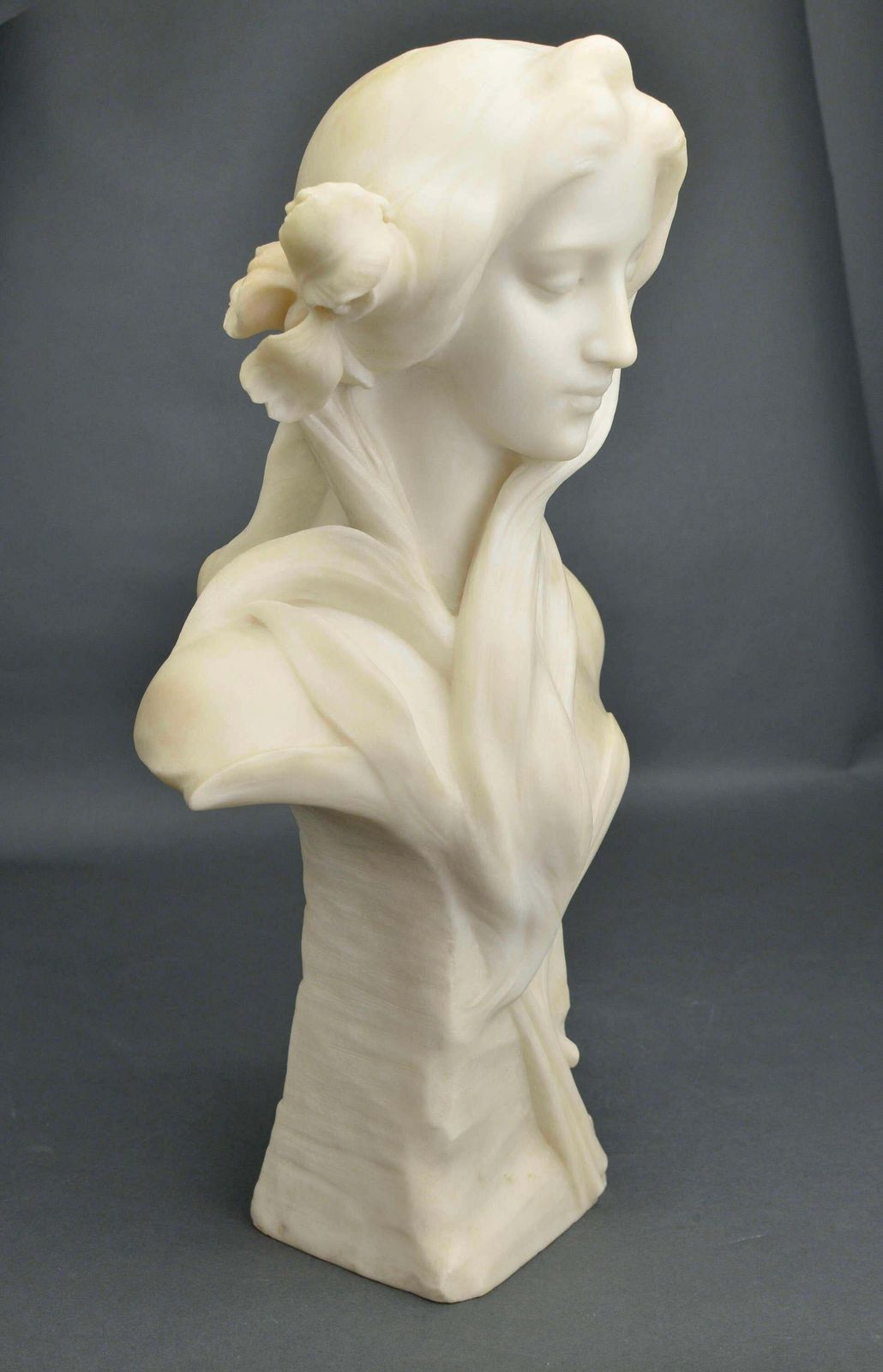 Irises In Hair. Carrara Marble Bust By Georges C. Coudray. Signed.