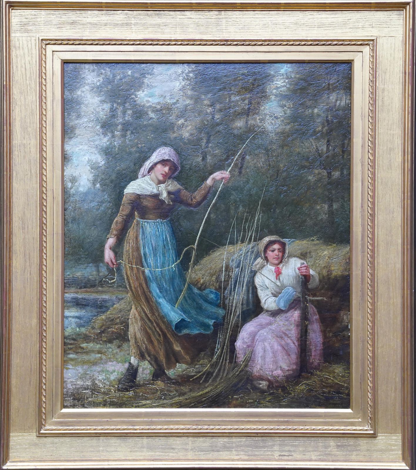 Portrait Of Two Girls Stripping The Willow   Scottish Victorian Art Oil Painting