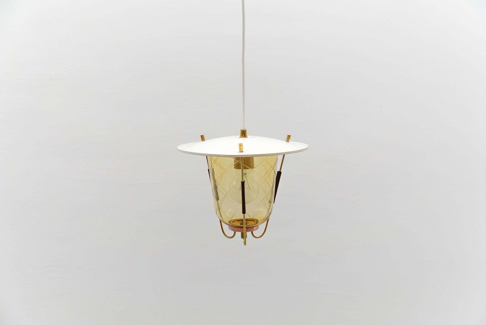 photo for sale Lovely Mid Century Modern Ceiling Lamp In Copper, Brass And Glass, 1950s