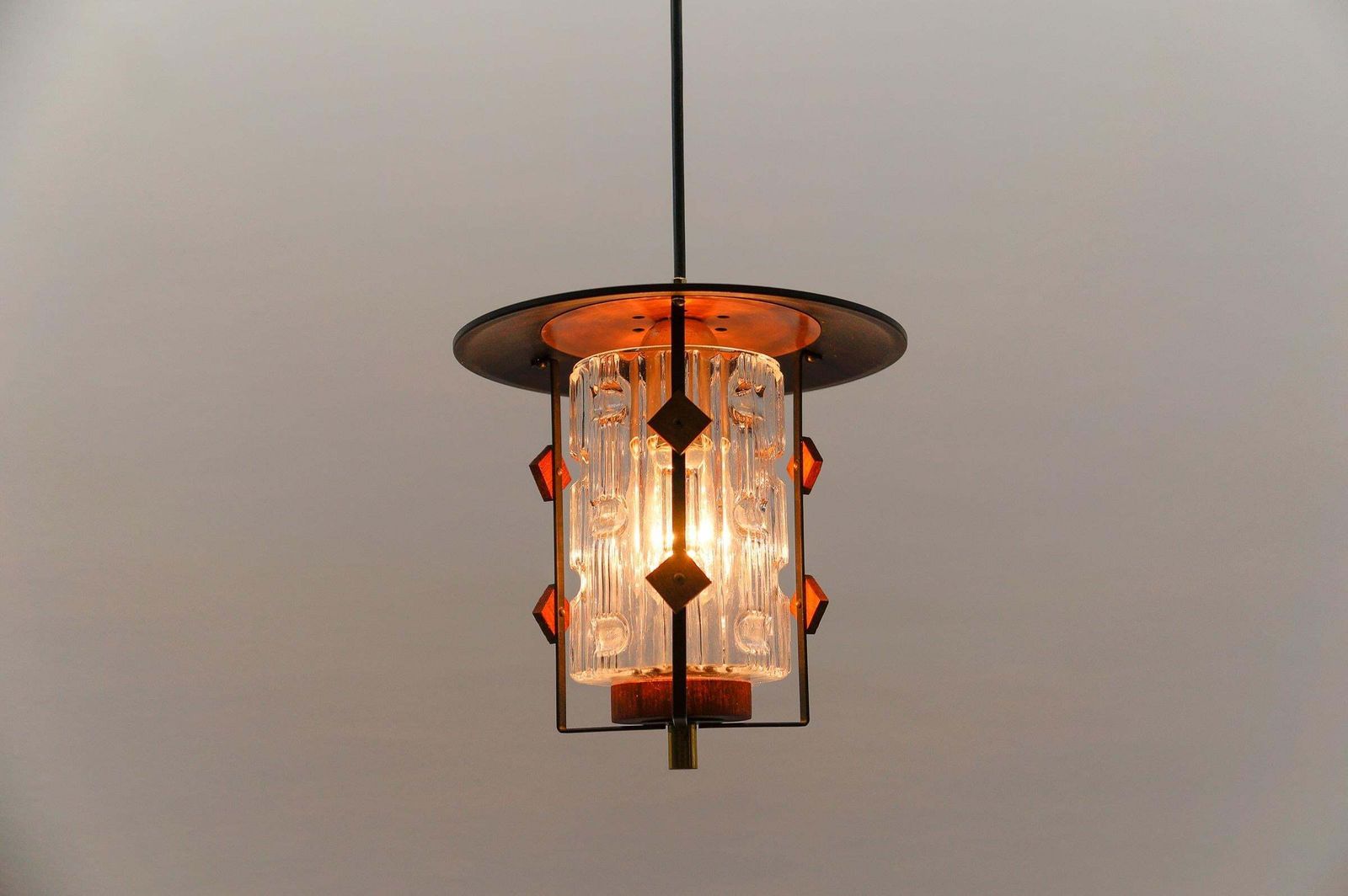 photo for sale Scandinavian Mid Century Modern Ceiling Lamp In Copper, Teak And Glass, 1960s