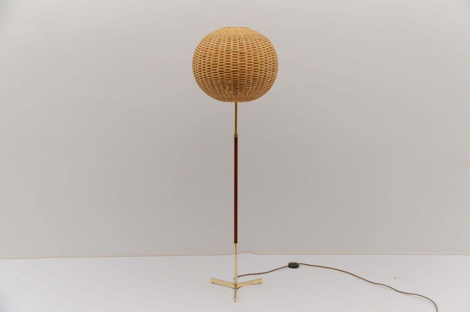 Mid Century Modern Floor Lamp In Brass And Teak From Temde, 1960s Switzerland photo for sale