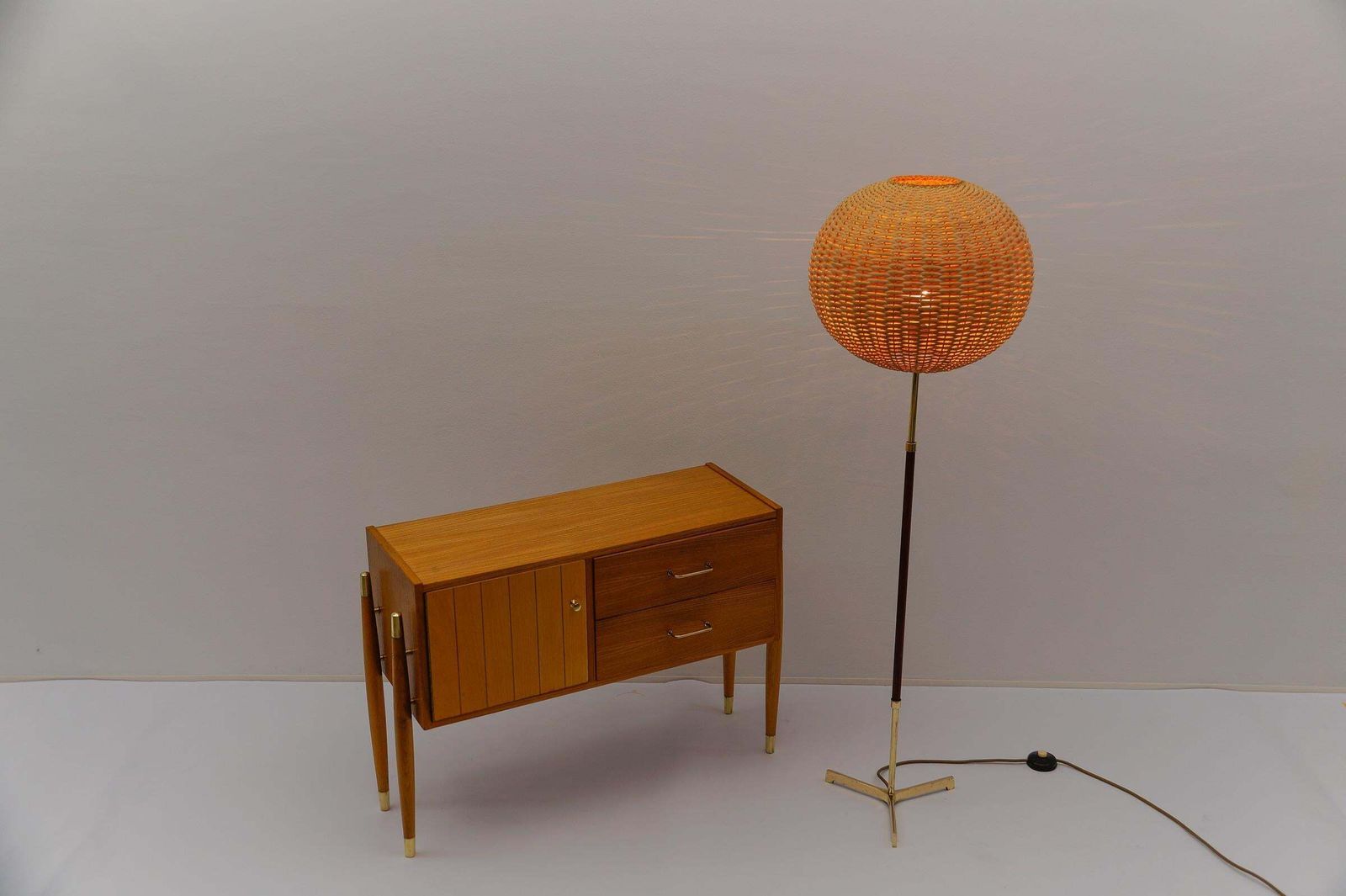 Lighting Mid Century Modern Floor Lamp In Brass And Teak From Temde, 1960s Switzerland photo