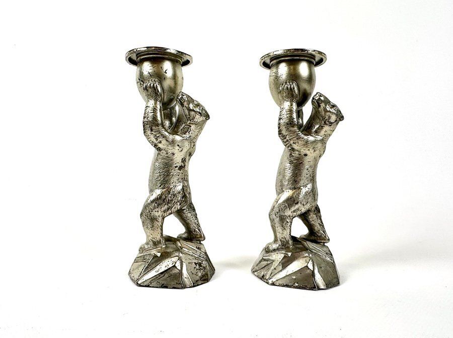 Antique Silver Plated Standing Bear Candleholders From Wmf, 1907, Set Of 2