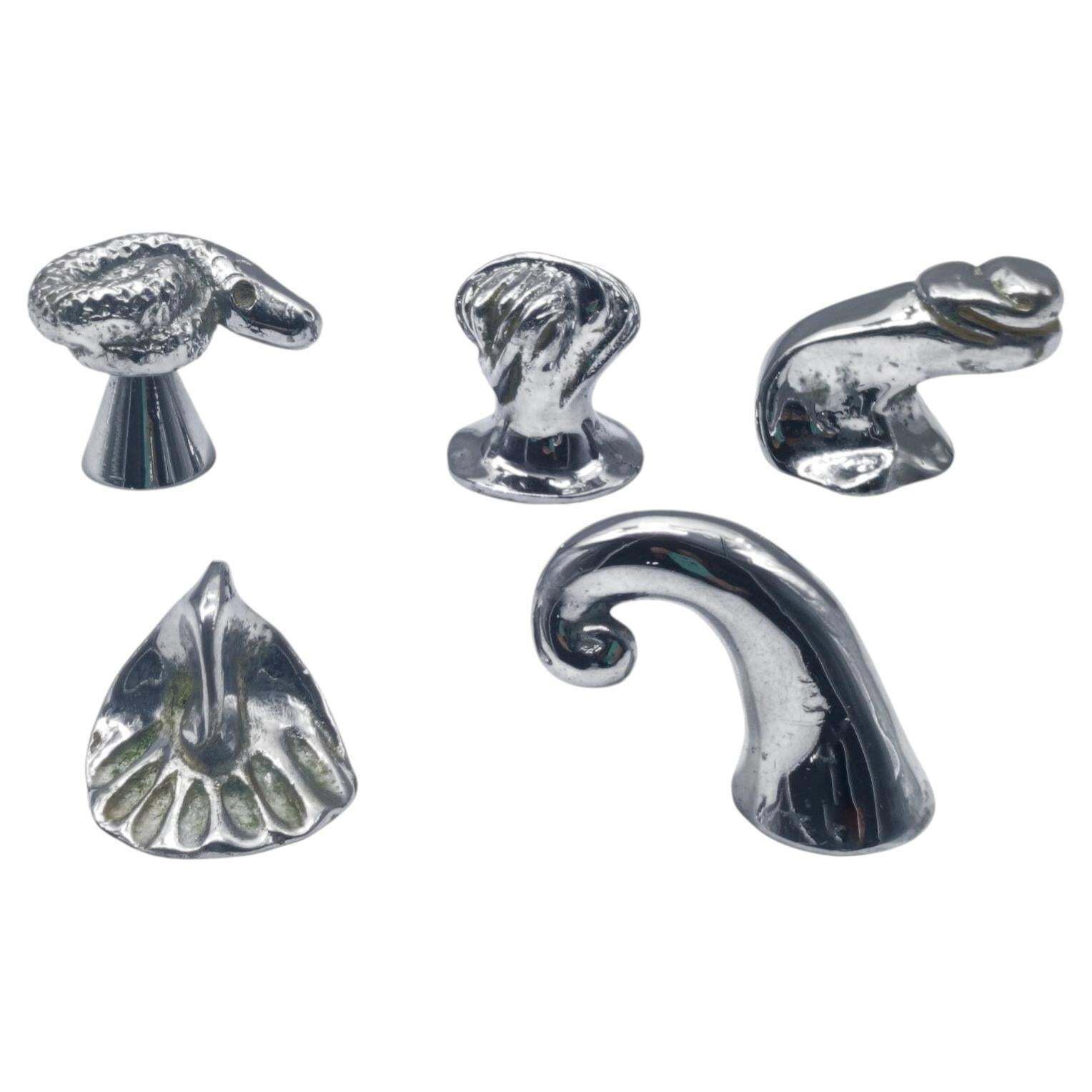 Annibale Oste Attrib. Set Of 5 Silver Plated Bronze Handles, Italy 1970s