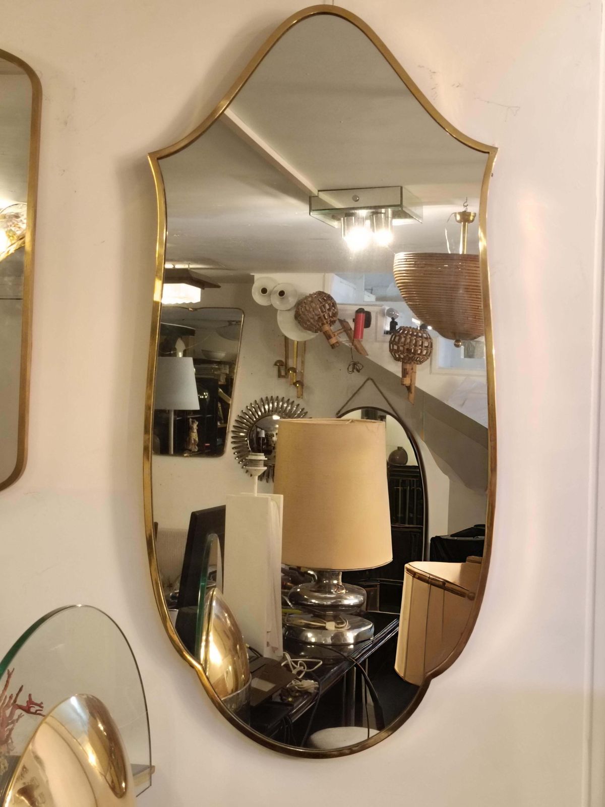 Gio Ponti Style Shield Wall Mirror In Brass, Italy 1960s photo vinterior