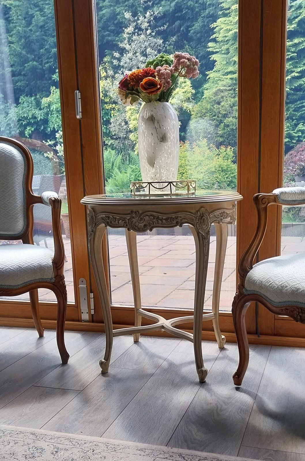 250.0 French Style Oak Glass Top Occasional Table photo