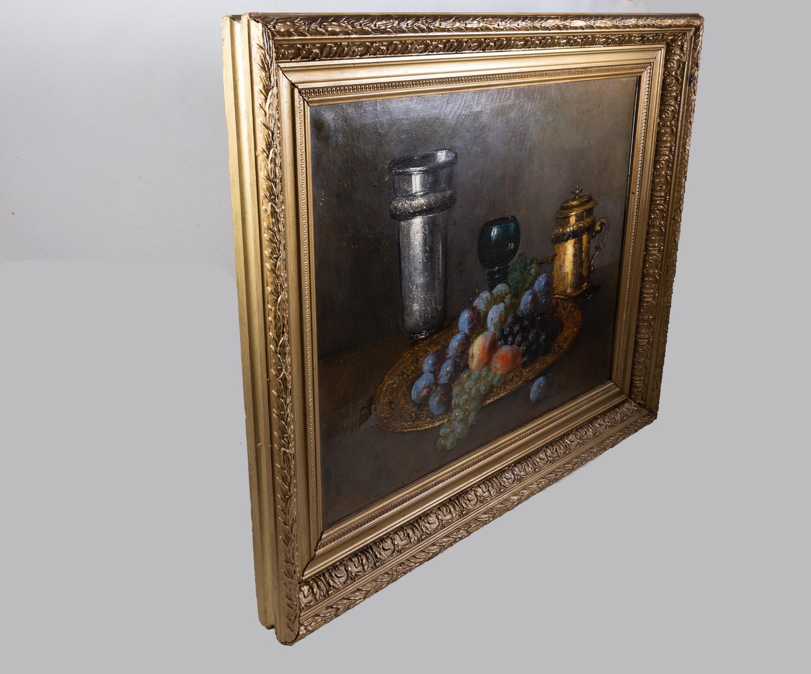Antique Original French Still Life Oil On Canvas Painting   Grapes, Plums photo vintage