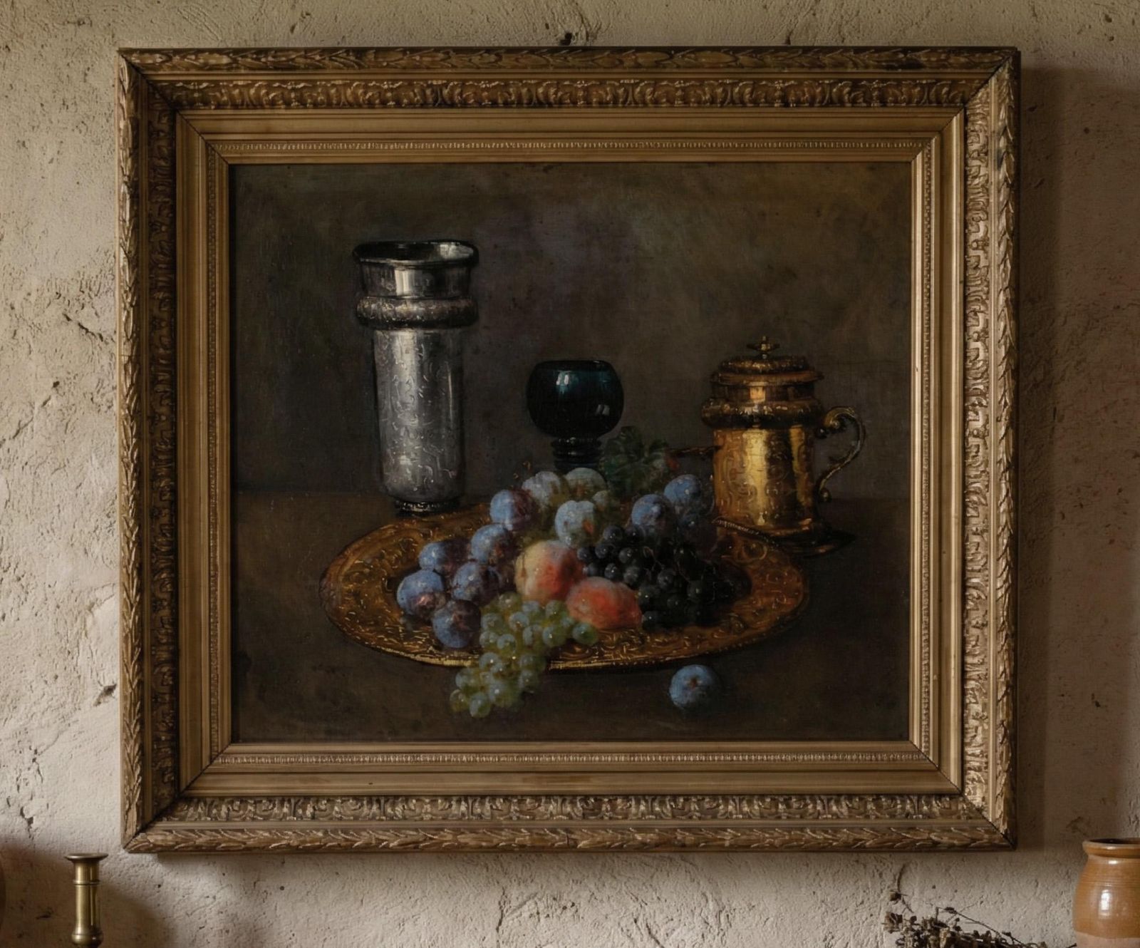 Art Antique Original French Still Life Oil On Canvas Painting   Grapes, Plums photo