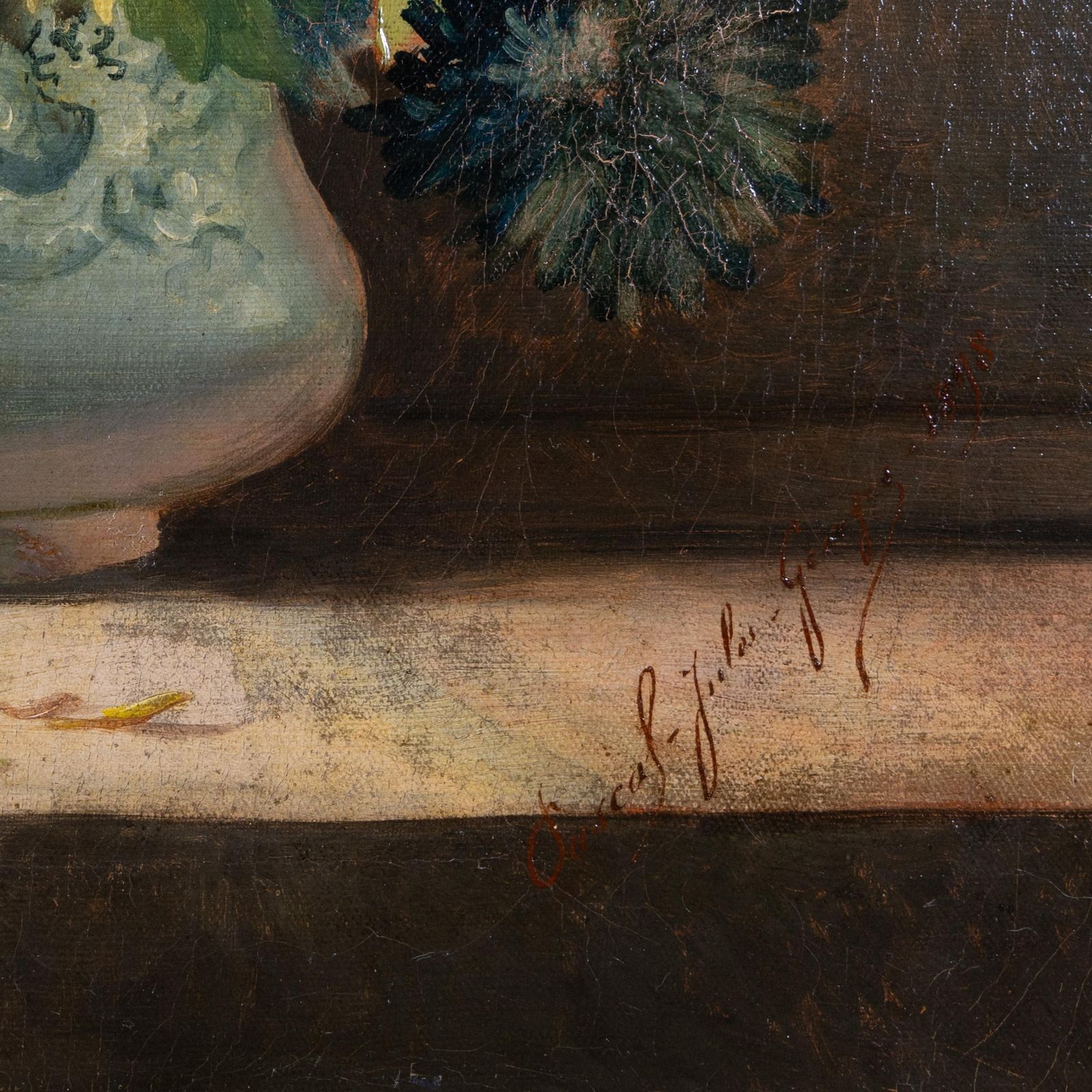 Vase Of Chrysanthemums On An Entablature, 1898 Oil On Canvas, Signed And Dated photo vinterior