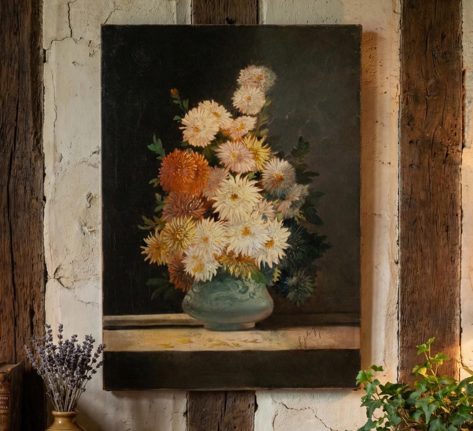 Vase de chrysanthèmes sur une entablement, 1898, huile sur toile, signé et daté photo buy