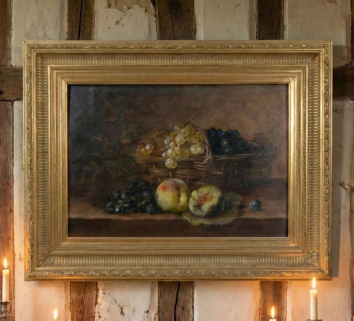 Art Antique 19th Century French Still Life – Peaches & Grapes, Oil On Oak Panel photo