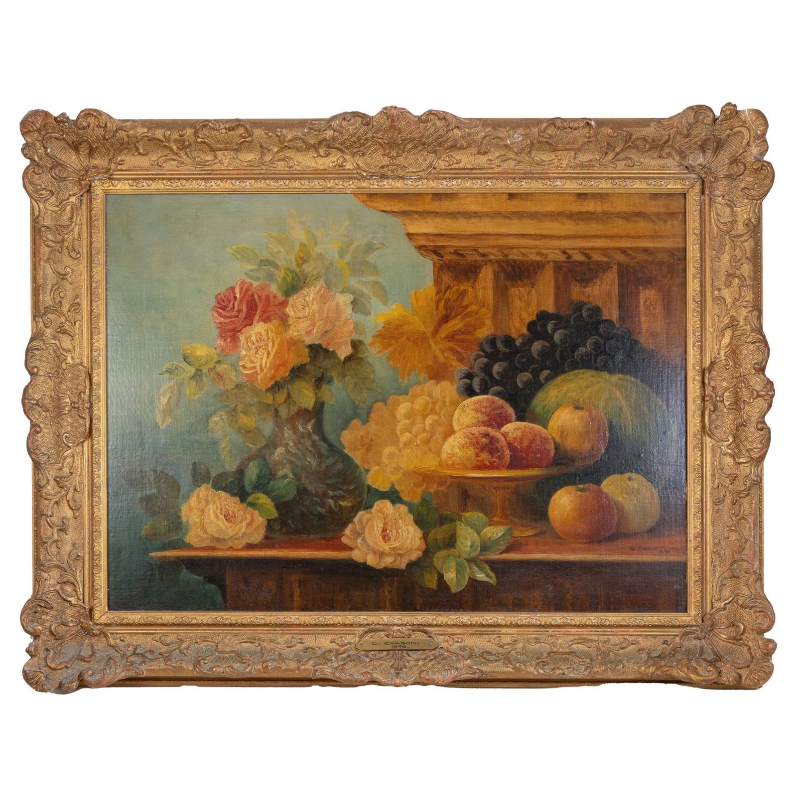 Still Life With Roses And Fruit, 17 Century Style Oil On Canvas, Dated 1896