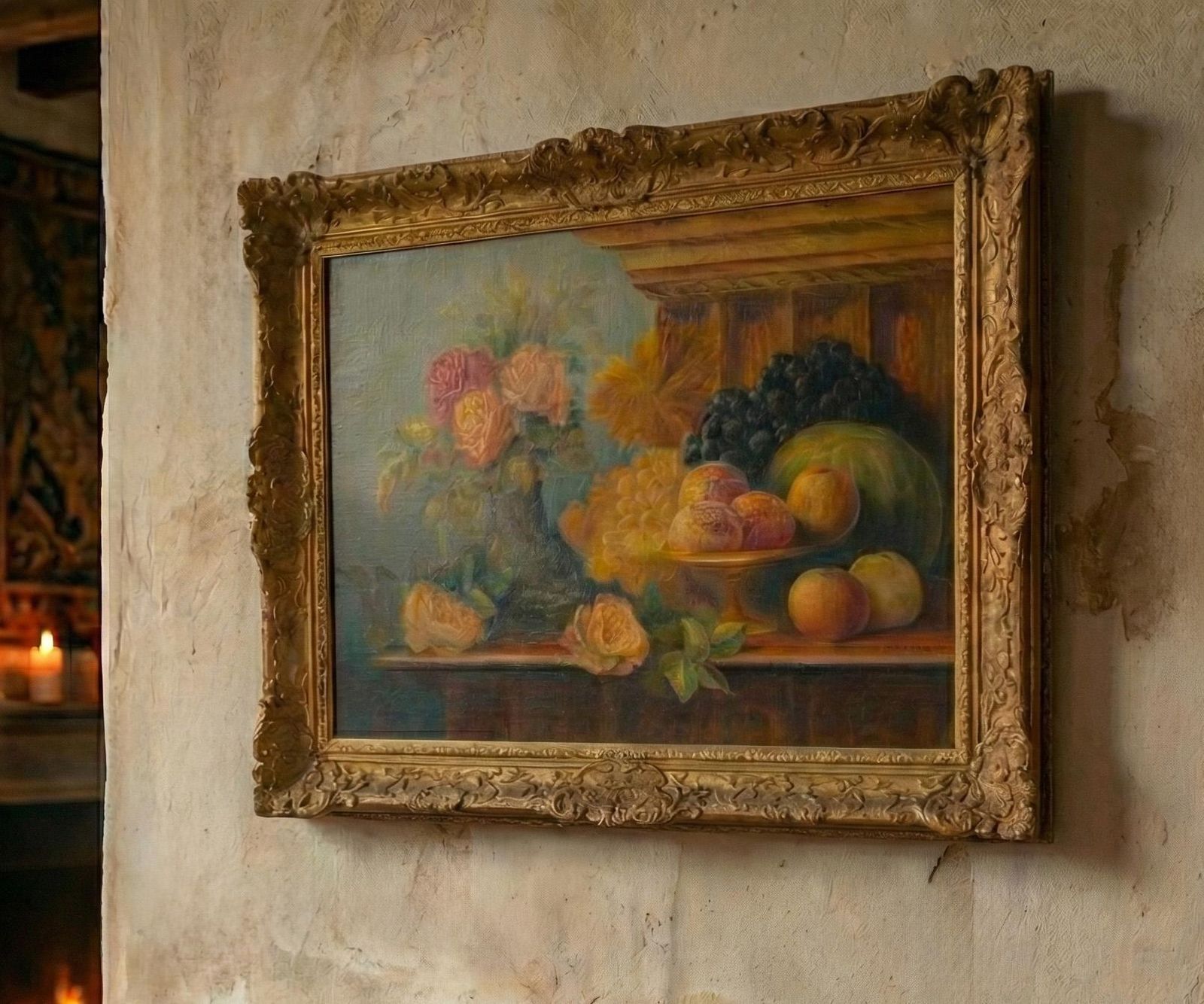 Still Life With Roses And Fruit, 17 Century Style Oil On Canvas, Dated 1896 photo furniture
