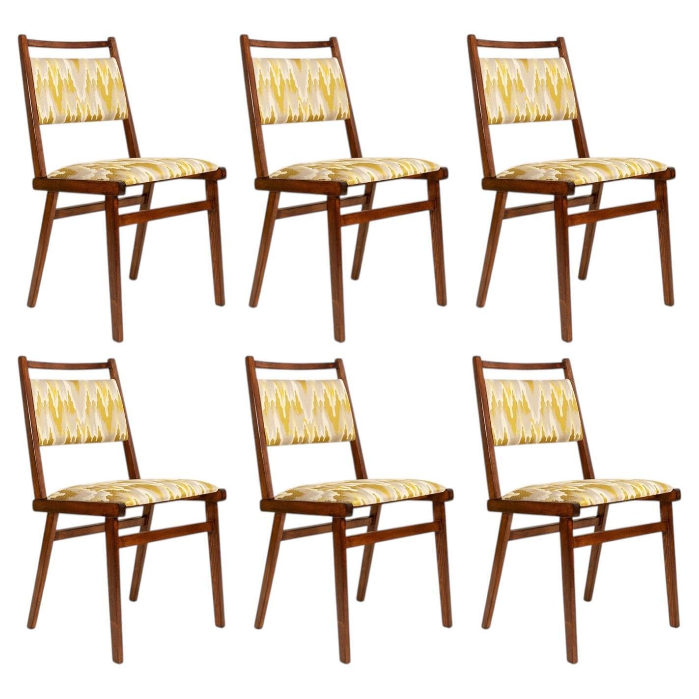 Six Mid Century Jar Chairs, Yellow Jacquard By Dedar, Poland, Europe, 1960s.