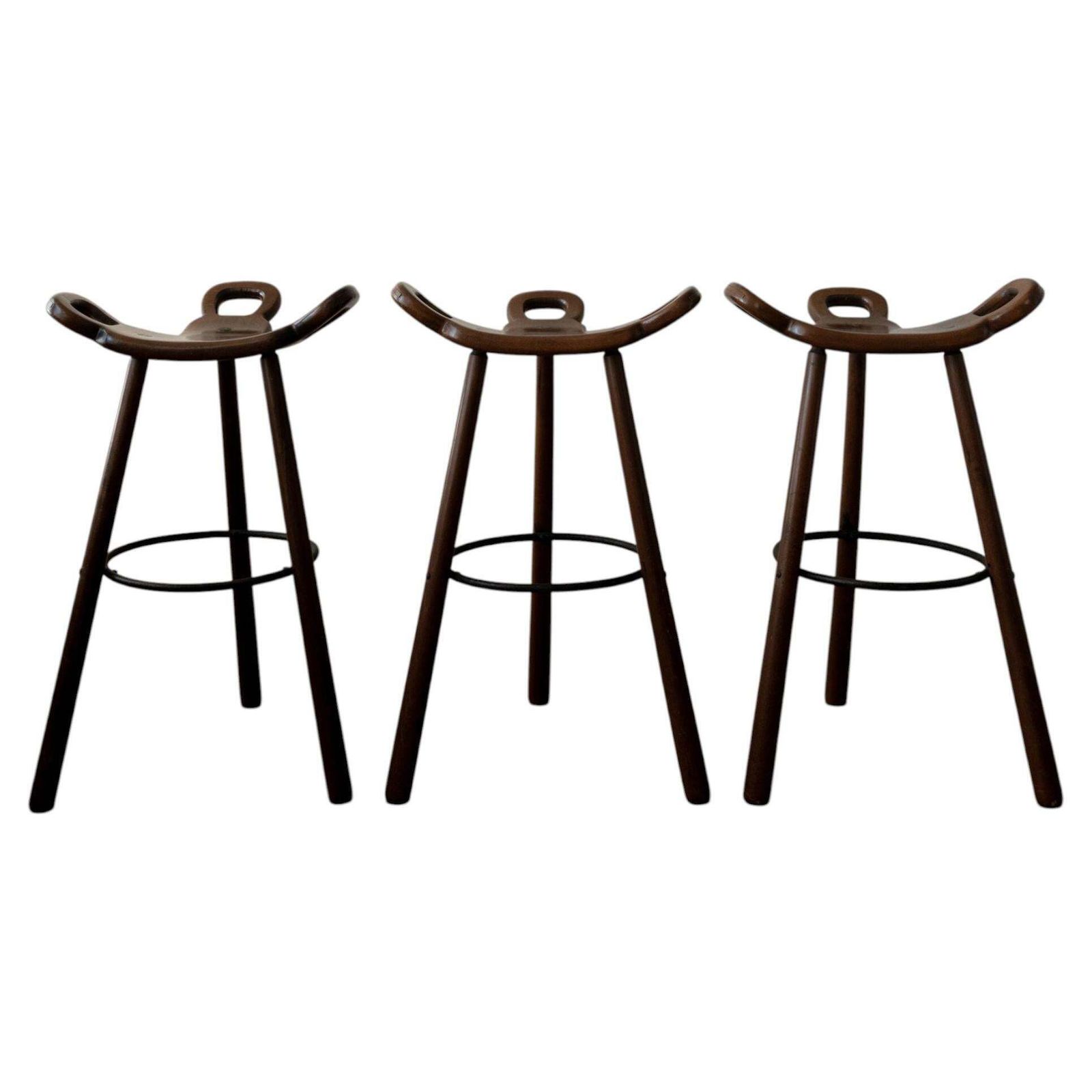 Spanish Brutalist Wooden Marbella Bar Stools By Confonorm, 1970s, Set Of 3