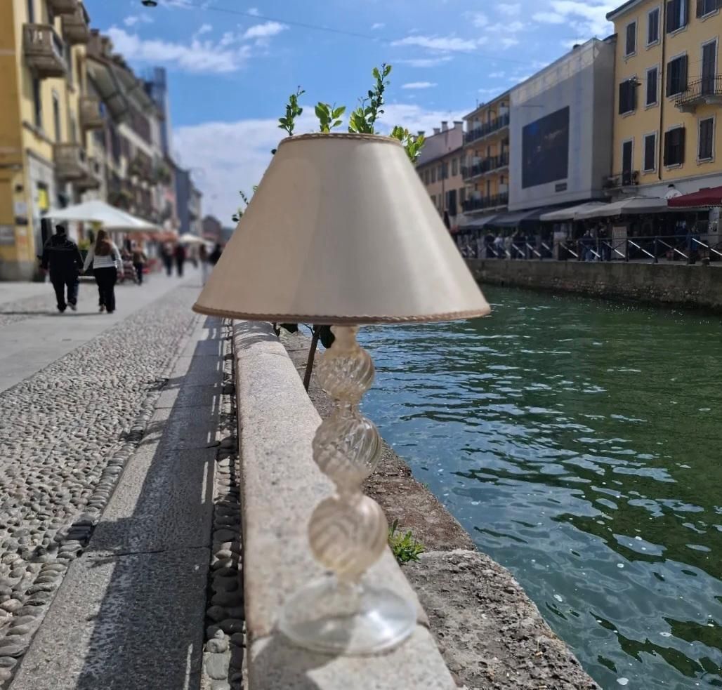 Venini Couple Table Lamps 1950s Murano Glass Gold Fabric Lampshades Italy photo furniture
