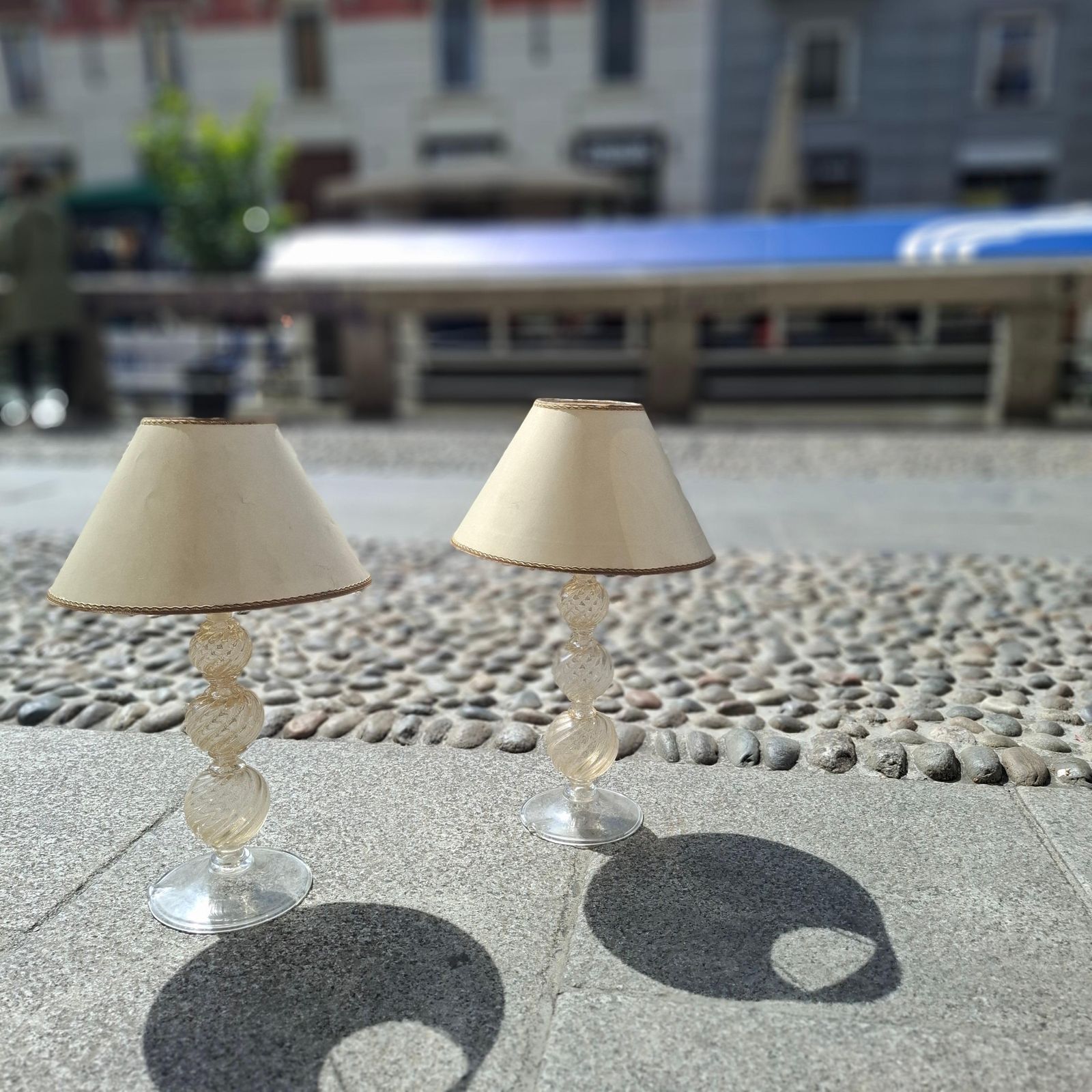 Venini Couple Table Lamps 1950s Murano Glass Gold Fabric Lampshades Italy photo for sale