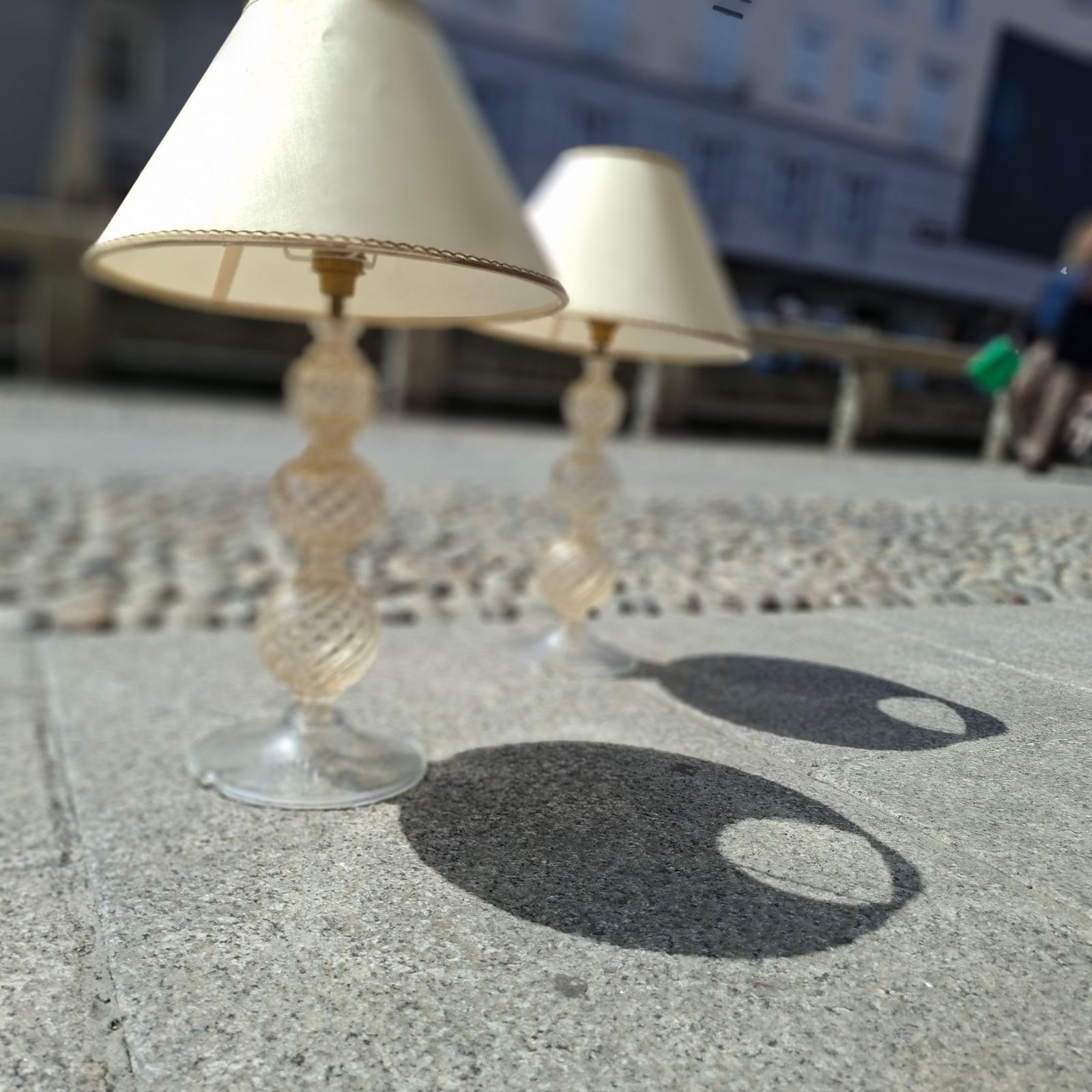 3385.0 Venini Couple Table Lamps 1950s Murano Glass Gold Fabric Lampshades Italy photo