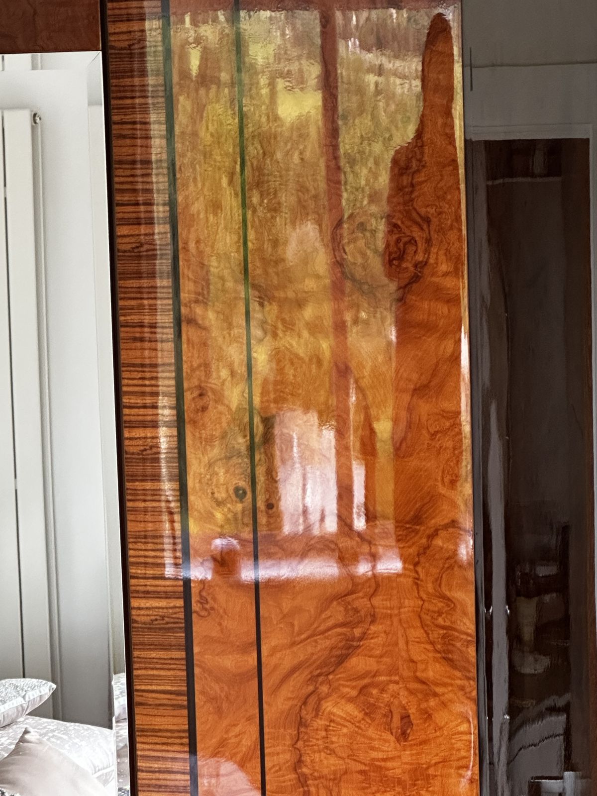 Spectacular Art Deco Revival Wardrobe + Chest Of Drawers + 2 X Side Cabinets. Featuring Highly Figured Burr Wood Veneers, Mirrored Geometric Panels, Marquetry Detailing, And A Piano Gloss Finish. photo for sale