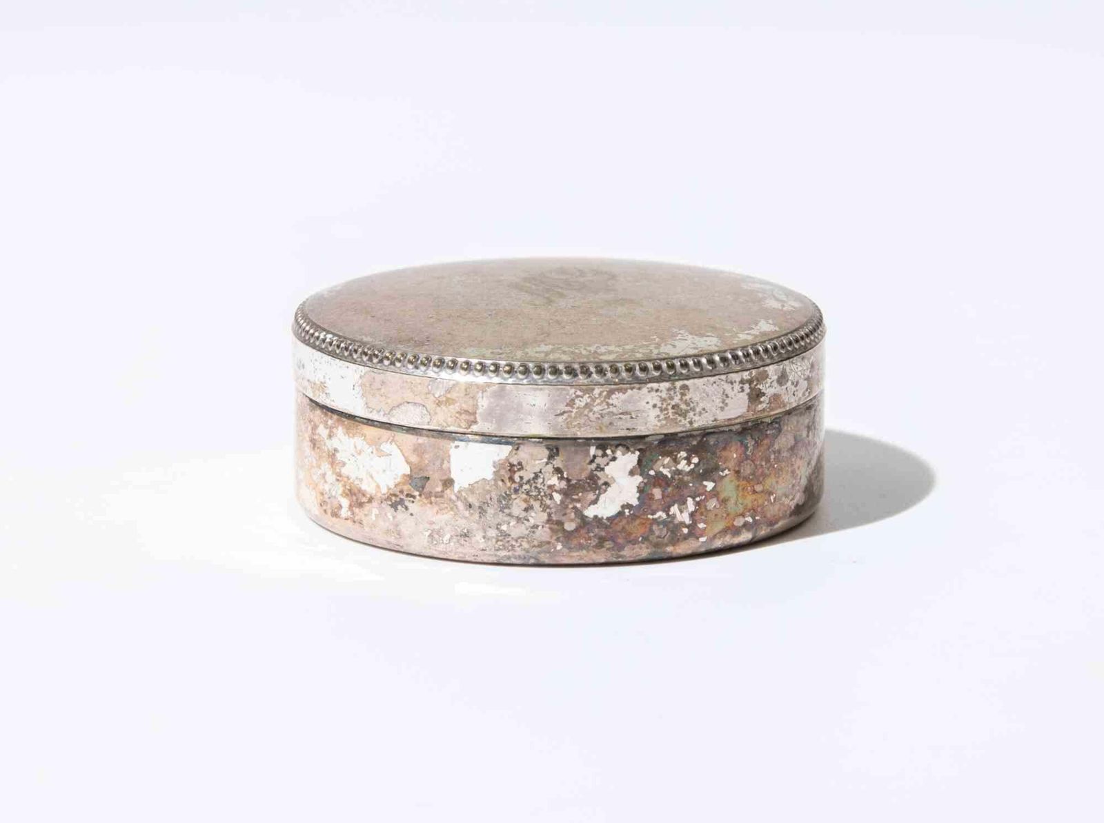 Silver Plated Circular Trinket Or Vanity Box With Monogram, 1950s photo Home Decor