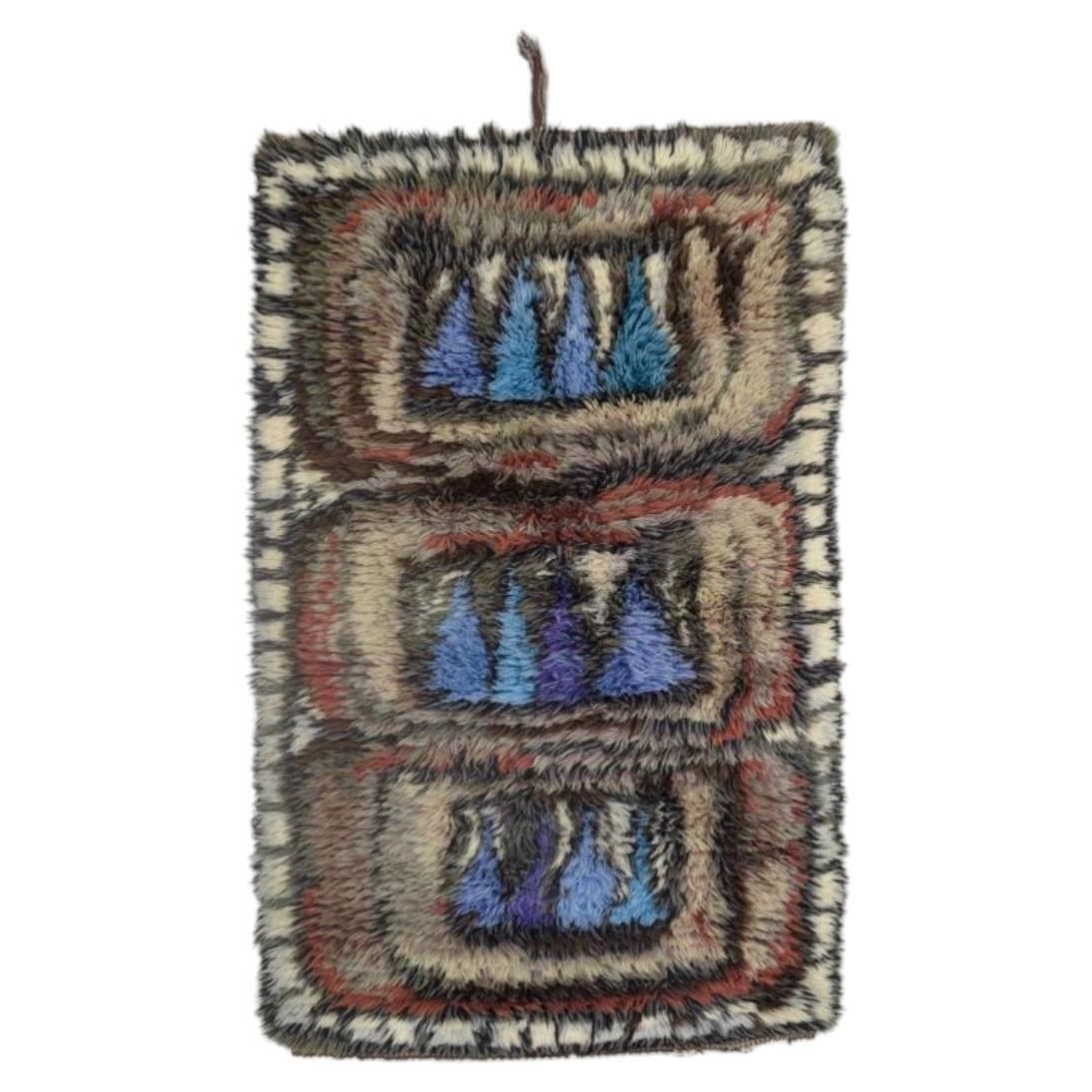 Scandinavian Designer. Rya Wall Hanging In Shades Of Blue, Purple, Brown, Beige.