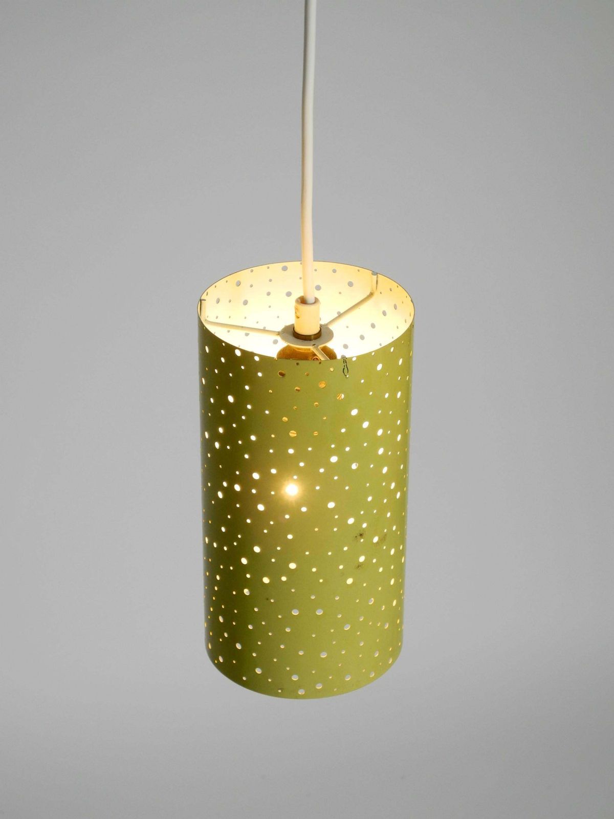 photo for sale 50s Pendant Lamp In Perforated Metal, Mustard Yellow, Ernest Igl For Hillebrand