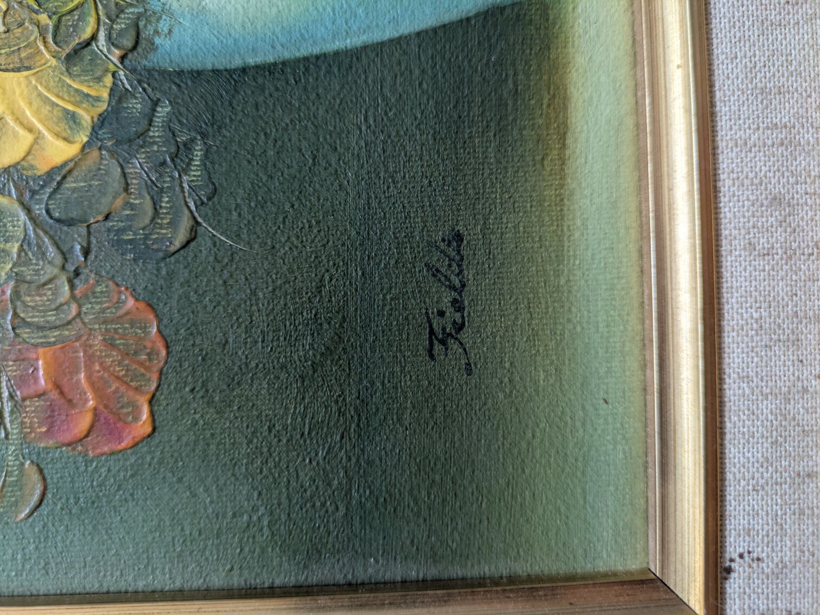 Vintage Original Gilt Framed Still Life Floral Oil Painting Signed By Artist 'Fields' photo for sale