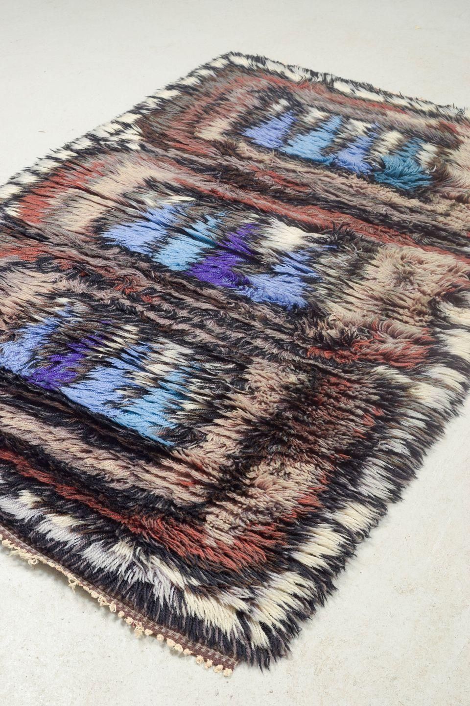 Scandinavian Designer. Wool Rya Carpet In Shades Of Blue, Purple, Brown, Beige. photo 244.0