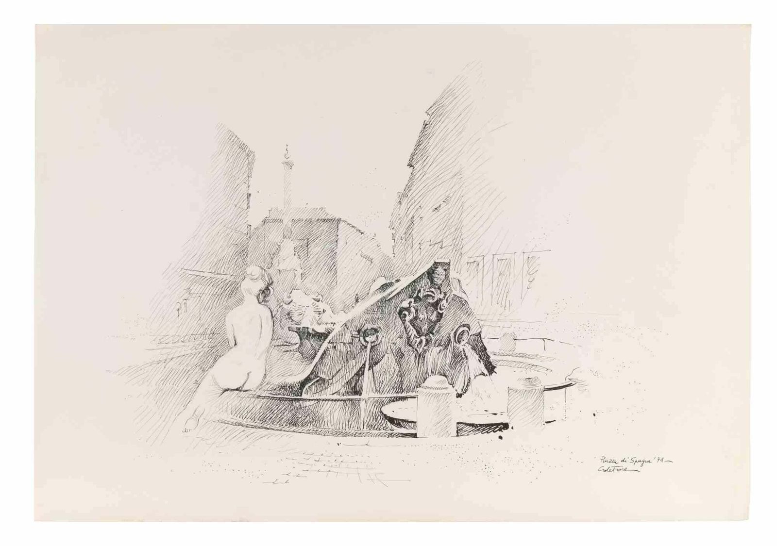 Piazza Di Spagna Rome   Drawing By Gaspare De Fiore   1974
