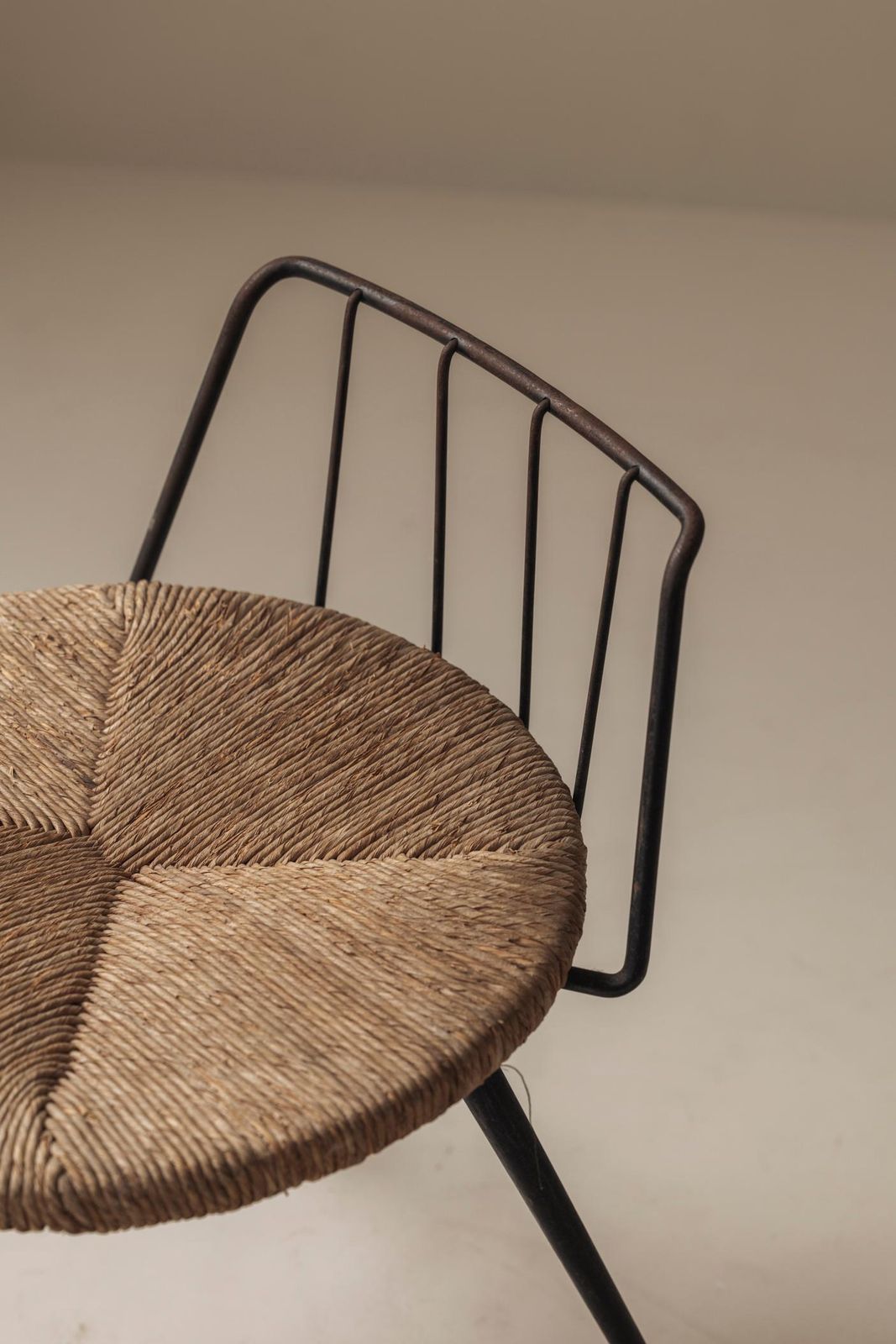 Rare French Tripod Stool In Metal And Rush, Dating From The 1950s photo 1900.0