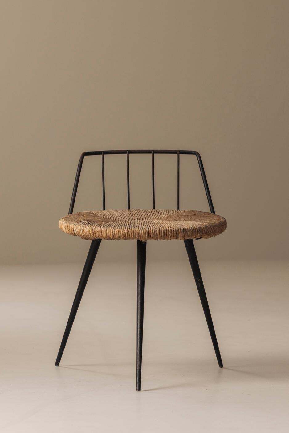 Furniture Rare French Tripod Stool In Metal And Rush, Dating From The 1950s photo