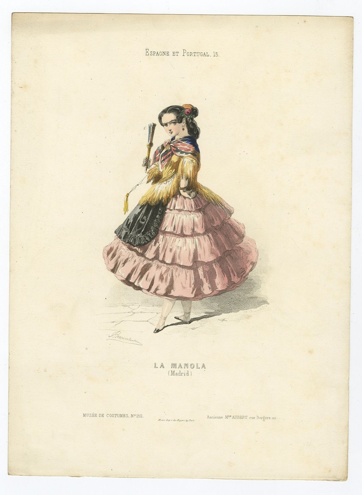 Antique Print Of A 'Manola' From Spain By Aubert (1850)