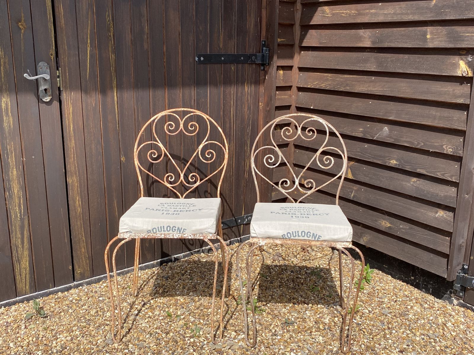 Antique Metal Chairs With Paris Bercy Seats, Rust & Flecked White Paint Patina photo buy