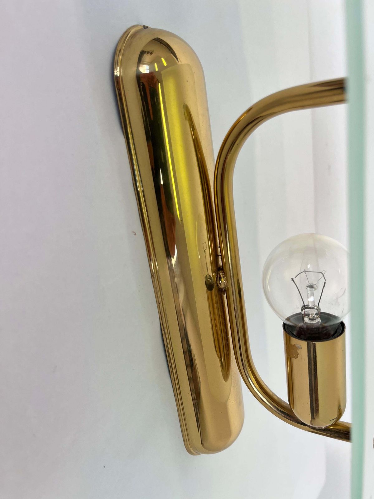 Pair Of Design Mid Century Brass And Glass Wall Lights/Lamps   Around 1980s photo vinterior