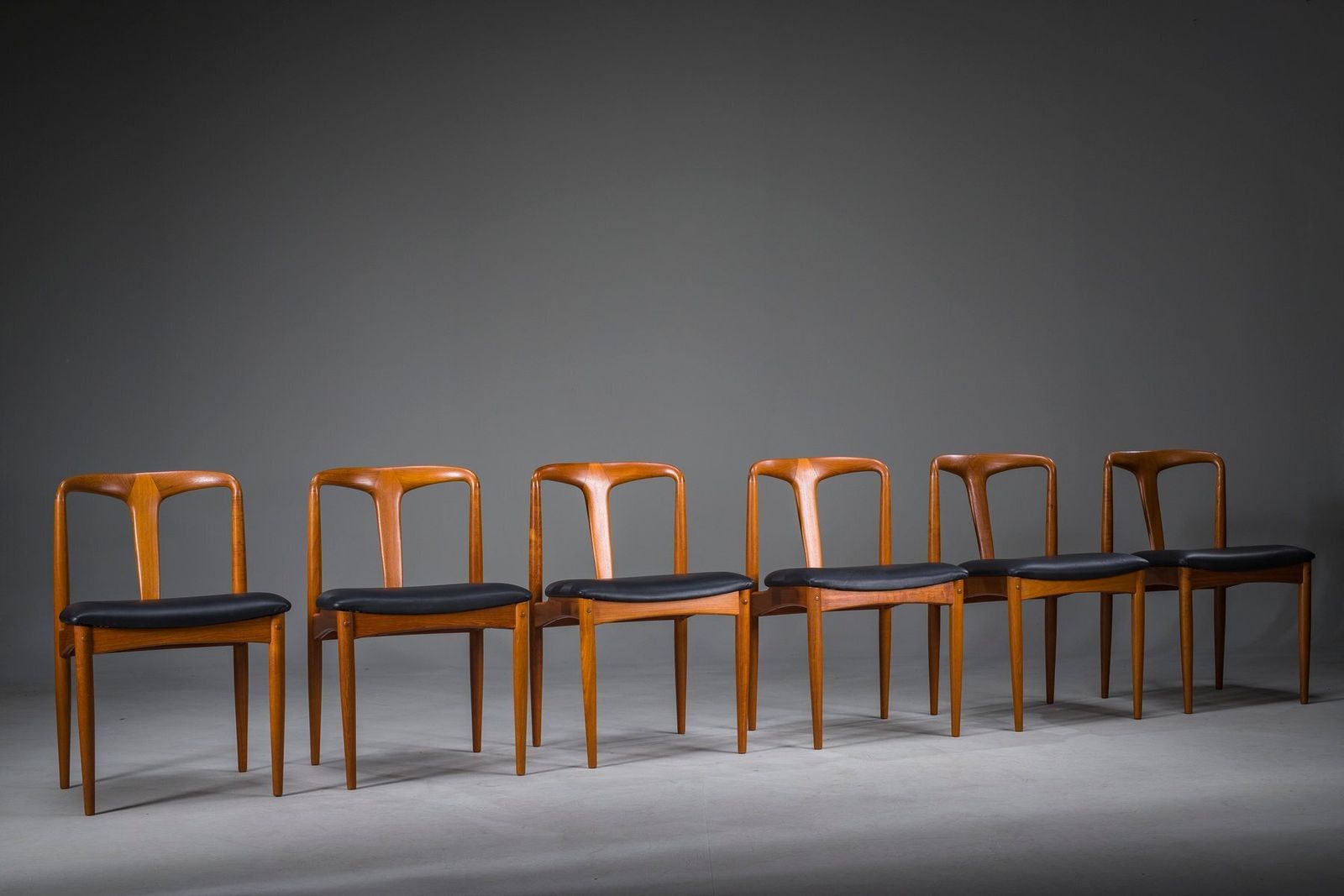 Juliane Dining Chairs In Teak And Black Leather By Johannes Andersen For Uldum Møbelfabrik, Denmark, 1960s, Set Of 6 photo furniture