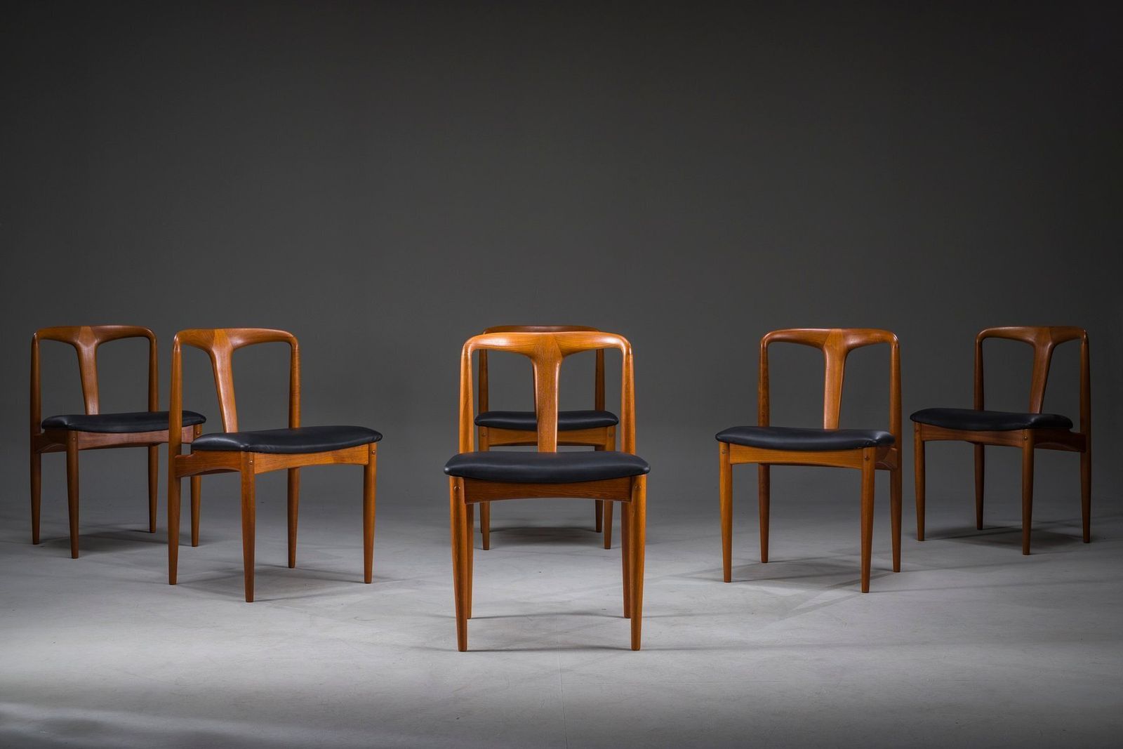 photo for sale Juliane Dining Chairs In Teak And Black Leather By Johannes Andersen For Uldum Møbelfabrik, Denmark, 1960s, Set Of 6