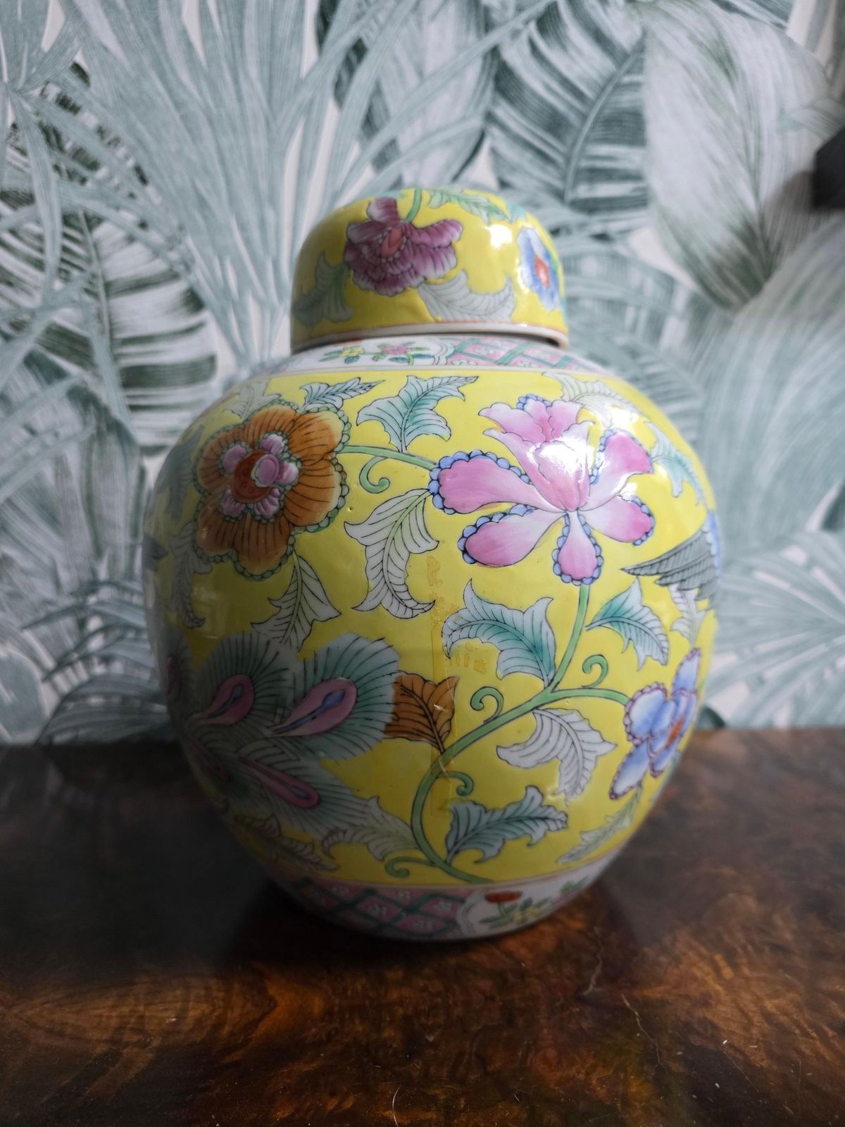 Chinese Porcelain Decorative Yellow Vase With Flowers And Leaves 1960s photo for sale